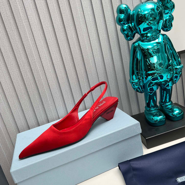 PRADA 26S POINTED TOE SLINGBACK 40MM IN DARK RED SATIN