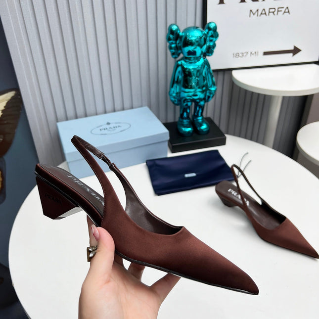 PRADA 26S POINTED TOE SLINGBACK 40MM IN DARK BROWN SATIN
