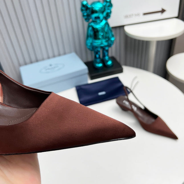 PRADA 26S POINTED TOE SLINGBACK 40MM IN DARK BROWN SATIN