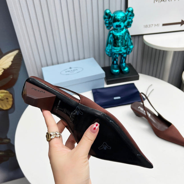 PRADA 26S POINTED TOE SLINGBACK 40MM IN DARK BROWN SATIN