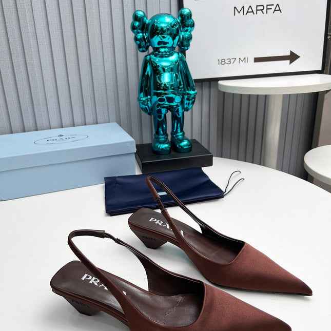 PRADA 26S POINTED TOE SLINGBACK 40MM IN DARK BROWN SATIN