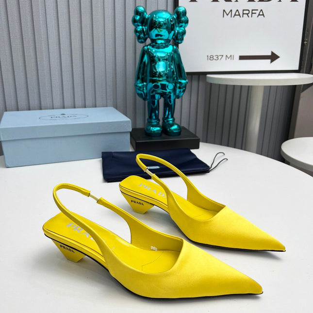 PRADA 26S POINTED TOE SLINGBACK 40MM IN YELLOW SATIN
