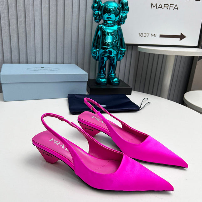 PRADA 26S POINTED TOE SLINGBACK 40MM IN FUCHSIA PINK SATIN