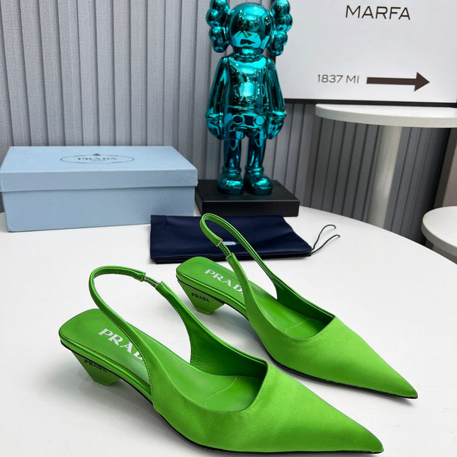 PRADA 26S POINTED TOE SLINGBACK 40MM IN APPLE GREEN SATIN