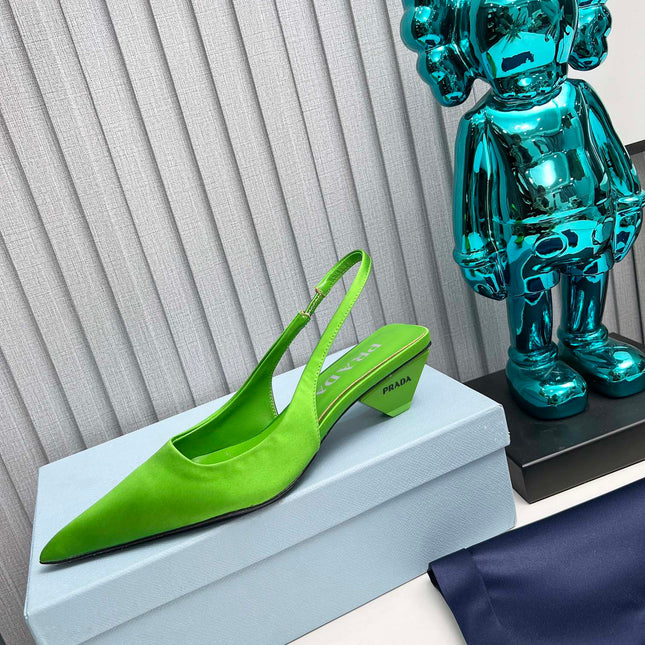 PRADA 26S POINTED TOE SLINGBACK 40MM IN APPLE GREEN SATIN