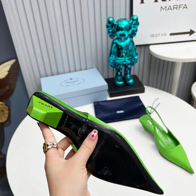 PRADA 26S POINTED TOE SLINGBACK 40MM IN APPLE GREEN SATIN