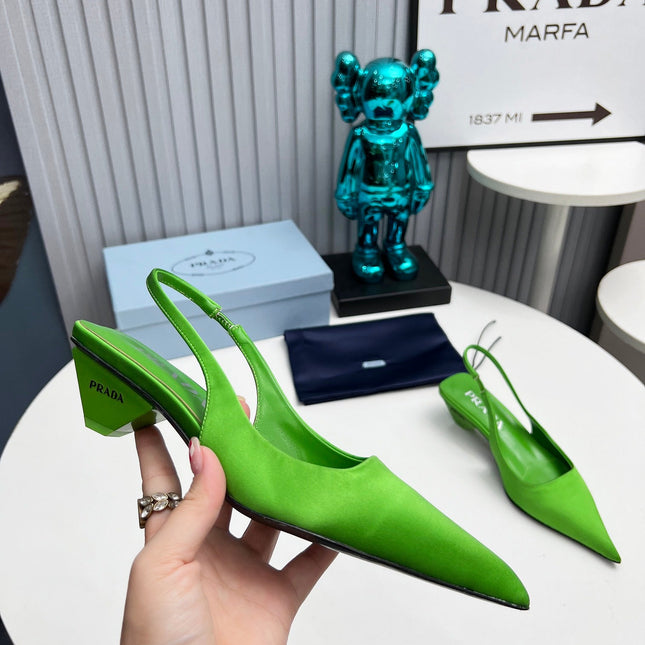 PRADA 26S POINTED TOE SLINGBACK 40MM IN APPLE GREEN SATIN