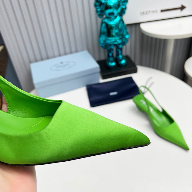 PRADA 26S POINTED TOE SLINGBACK 40MM IN APPLE GREEN SATIN