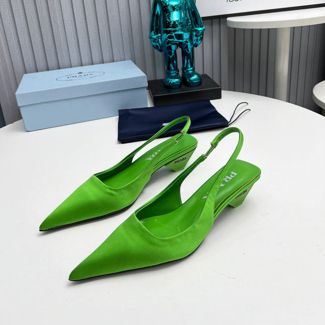 PRADA 26S POINTED TOE SLINGBACK 40MM IN APPLE GREEN SATIN