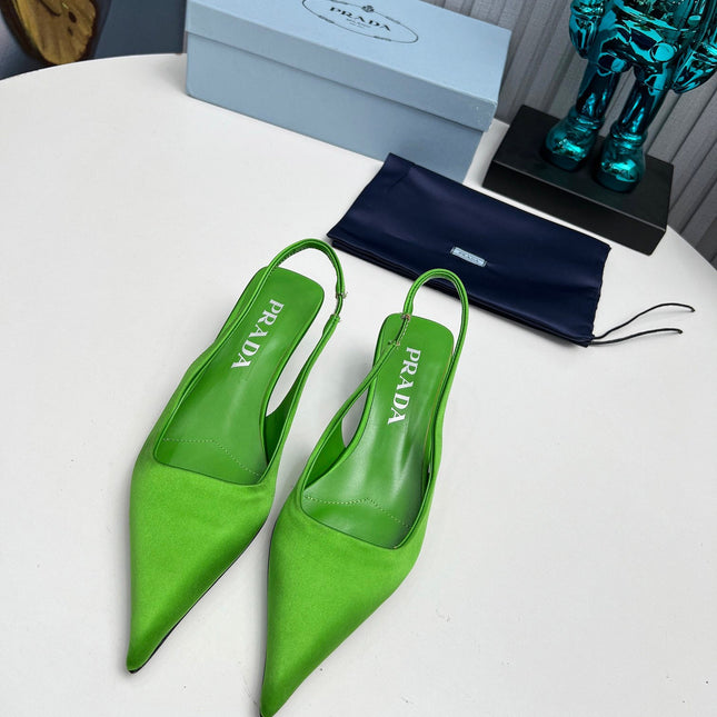 PRADA 26S POINTED TOE SLINGBACK 40MM IN APPLE GREEN SATIN