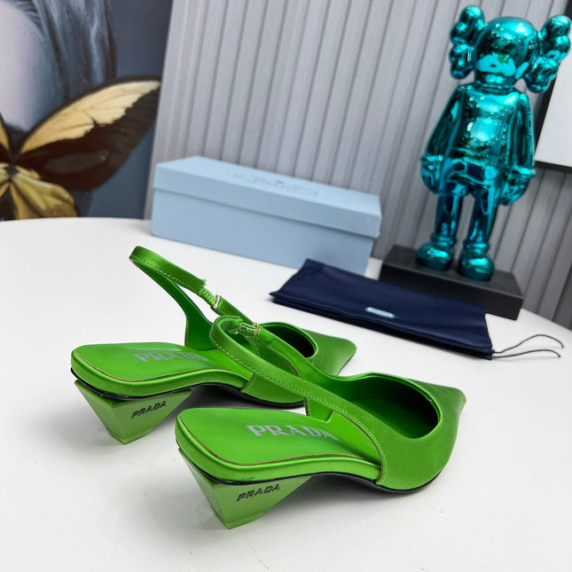 PRADA 26S POINTED TOE SLINGBACK 40MM IN APPLE GREEN SATIN