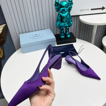 PRADA 26S POINTED TOE SLINGBACK 40MM IN PURPLE SATIN