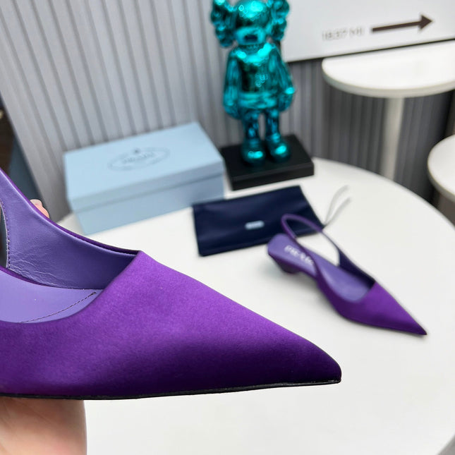 PRADA 26S POINTED TOE SLINGBACK 40MM IN PURPLE SATIN