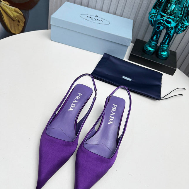 PRADA 26S POINTED TOE SLINGBACK 40MM IN PURPLE SATIN