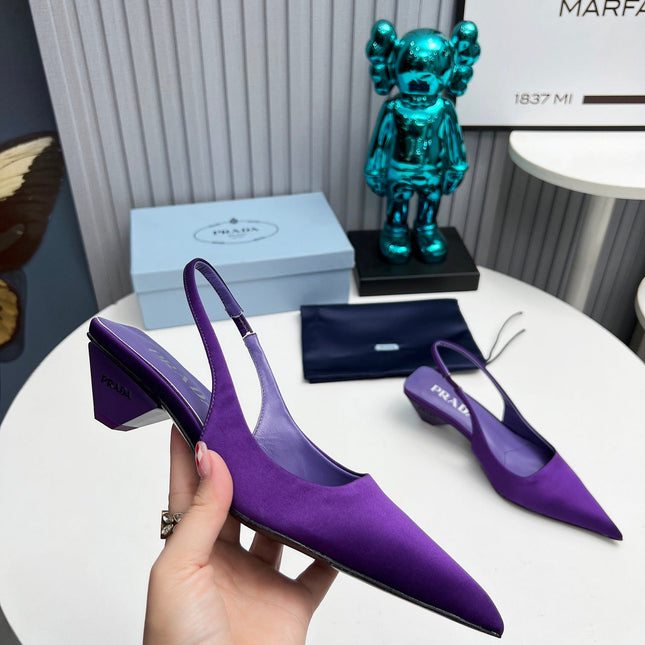 PRADA 26S POINTED TOE SLINGBACK 40MM IN PURPLE SATIN