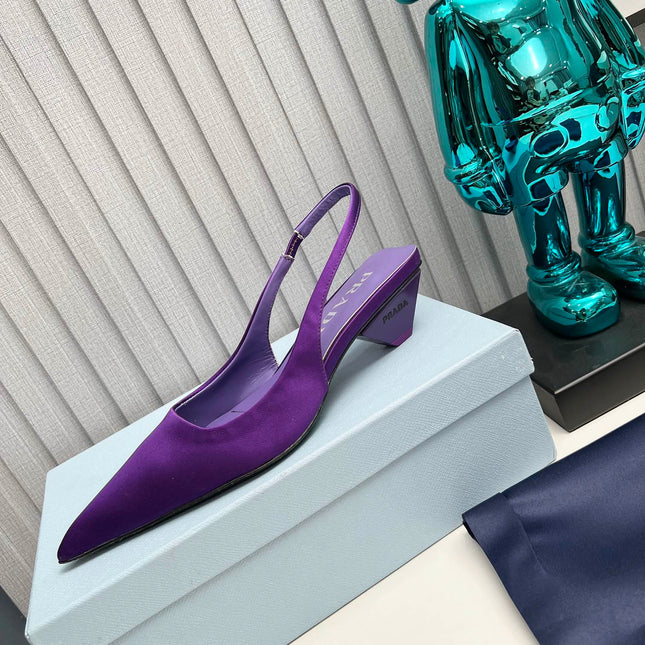 PRADA 26S POINTED TOE SLINGBACK 40MM IN PURPLE SATIN