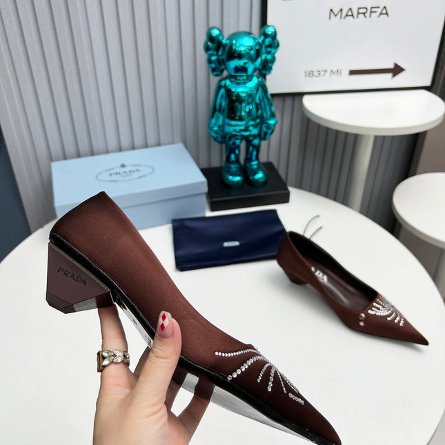 PRADA 26S POINTED TOE PUMPS 40MM IN DARK BROWN SATIN CRYSTAL EMBELLISHED