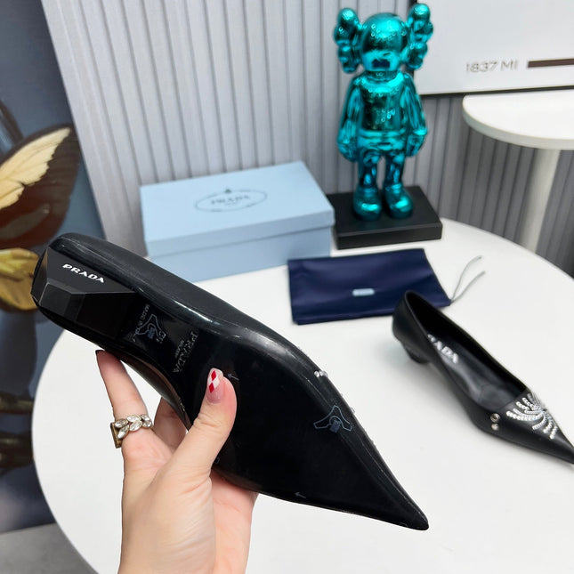 PRADA 26S POINTED TOE PUMPS 40MM IN BLACK CALFSKIN CRYSTAL EMBELLISHED