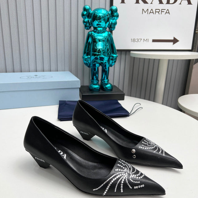 PRADA 26S POINTED TOE PUMPS 40MM IN BLACK CALFSKIN CRYSTAL EMBELLISHED