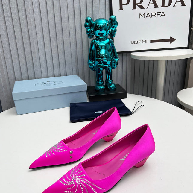PRADA 26S POINTED TOE PUMPS 40MM IN FUCHSIA PINK SATIN CRYSTAL EMBELLISHED