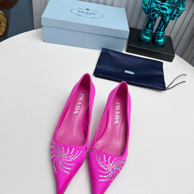 PRADA 26S POINTED TOE PUMPS 40MM IN FUCHSIA PINK SATIN CRYSTAL EMBELLISHED