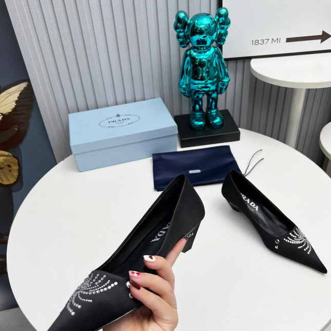 PRADA 26S POINTED TOE PUMPS 40MM IN BLACK SATIN CRYSTAL EMBELLISHED