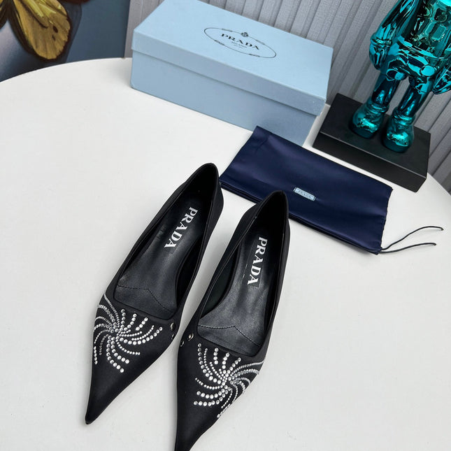 PRADA 26S POINTED TOE PUMPS 40MM IN BLACK SATIN CRYSTAL EMBELLISHED