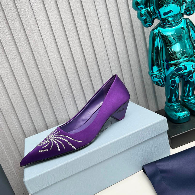 PRADA 26S POINTED TOE PUMPS 40MM IN PURPLE SATIN CRYSTAL EMBELLISHED