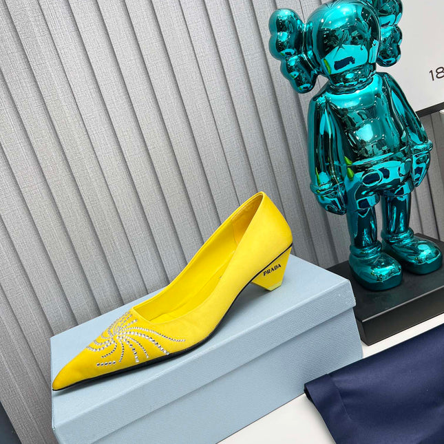 PRADA 26S POINTED TOE PUMPS 40MM IN YELLOW SATIN CRYSTAL EMBELLISHED