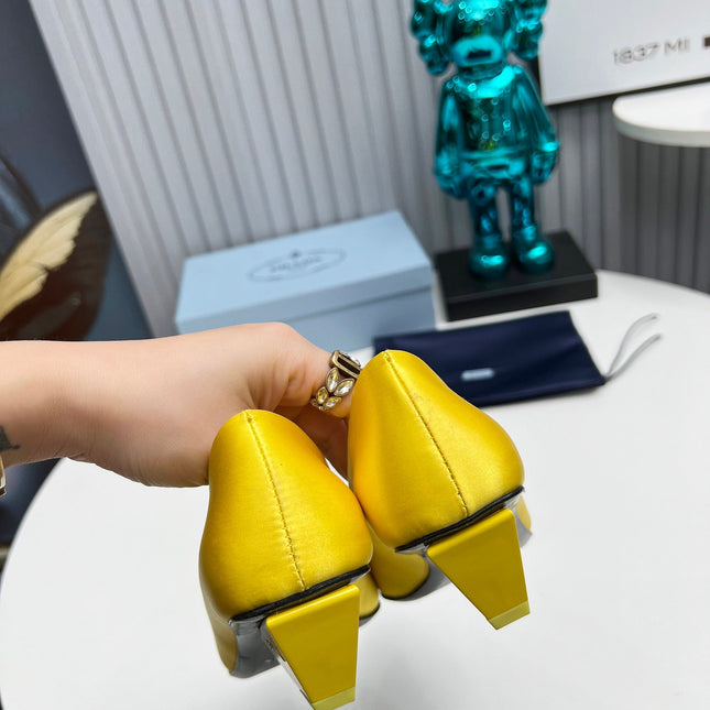 PRADA 26S POINTED TOE PUMPS 40MM IN YELLOW SATIN CRYSTAL EMBELLISHED