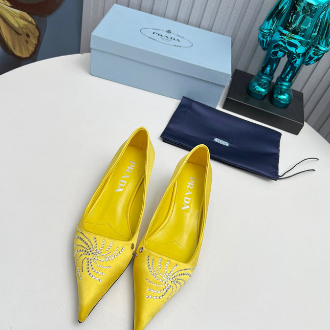 PRADA 26S POINTED TOE PUMPS 40MM IN YELLOW SATIN CRYSTAL EMBELLISHED
