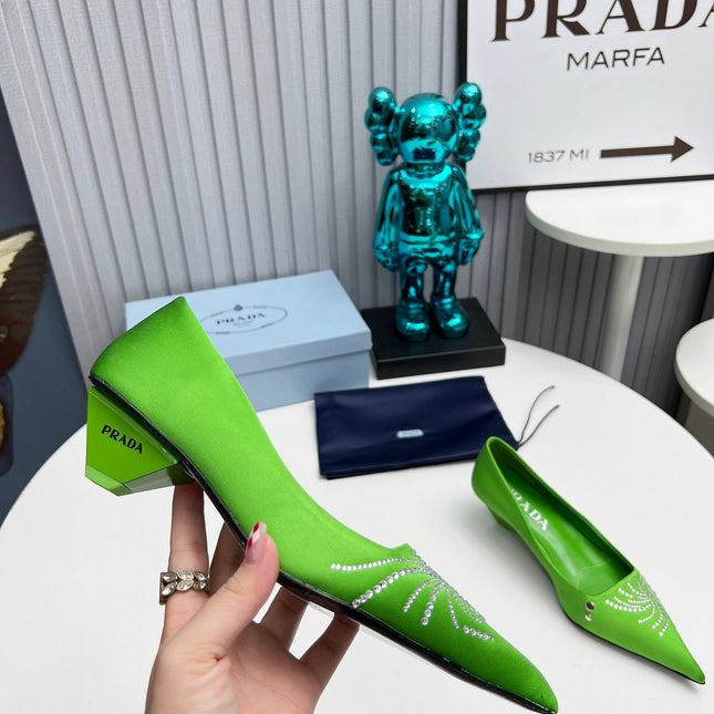PRADA 26S POINTED TOE PUMPS 40MM IN APPLE GREEN SATIN CRYSTAL EMBELLISHED