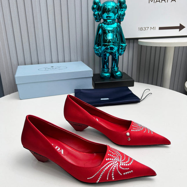 PRADA 26S POINTED TOE PUMPS 40MM IN RED SATIN CRYSTAL EMBELLISHED