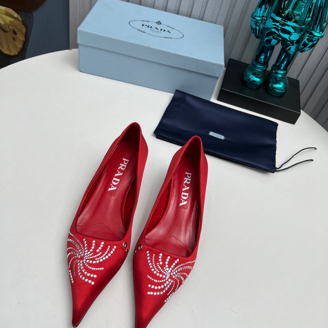 PRADA 26S POINTED TOE PUMPS 40MM IN RED SATIN CRYSTAL EMBELLISHED