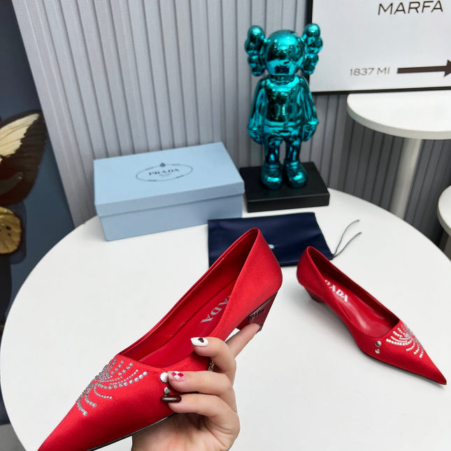 PRADA 26S POINTED TOE PUMPS 40MM IN RED SATIN CRYSTAL EMBELLISHED