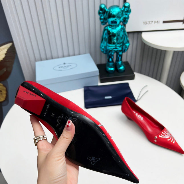 PRADA 26S POINTED TOE PUMPS 40MM IN RED SATIN CRYSTAL EMBELLISHED