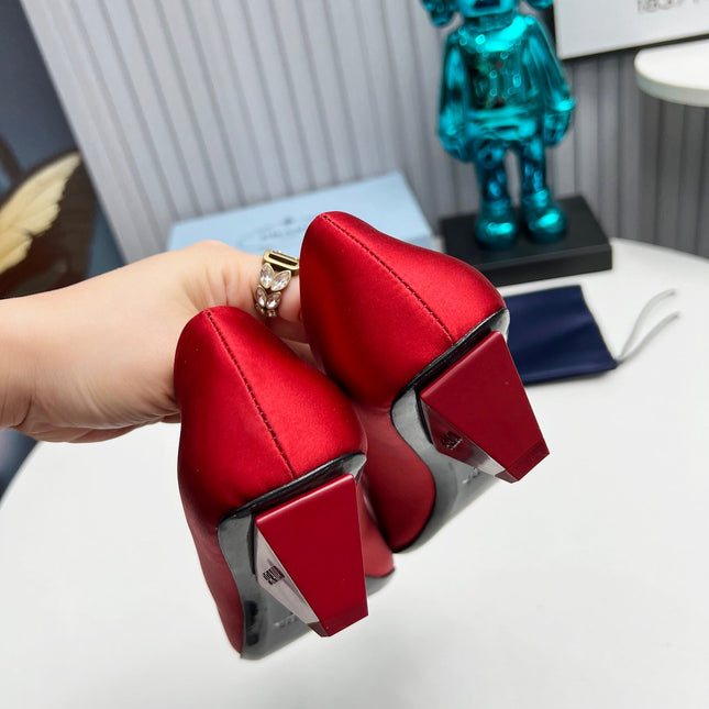 PRADA 26S POINTED TOE PUMPS 40MM IN RED SATIN