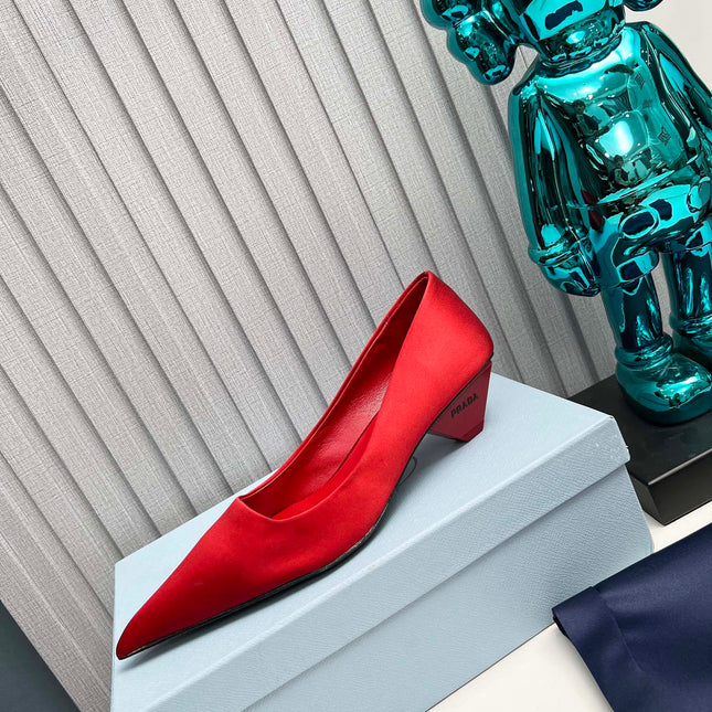 PRADA 26S POINTED TOE PUMPS 40MM IN RED SATIN