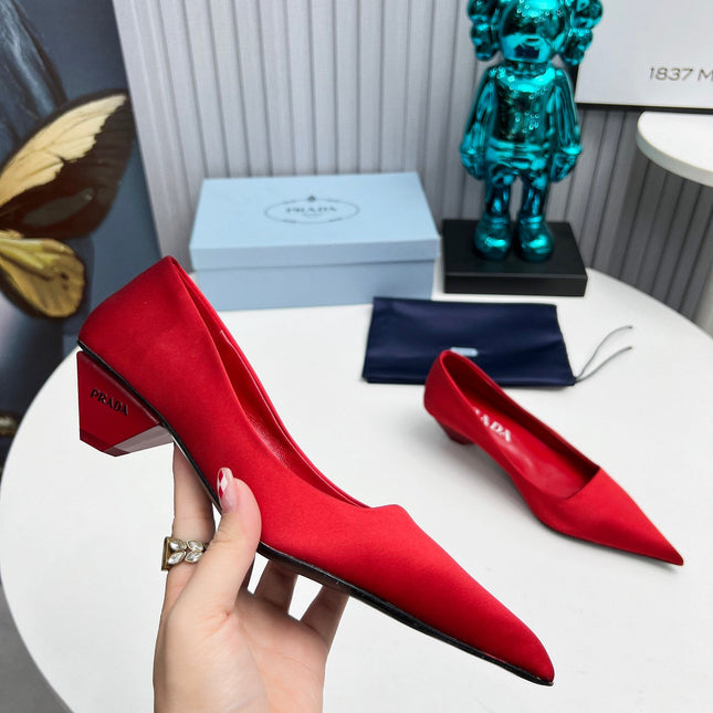PRADA 26S POINTED TOE PUMPS 40MM IN RED SATIN
