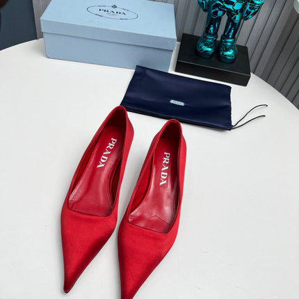 PRADA 26S POINTED TOE PUMPS 40MM IN RED SATIN