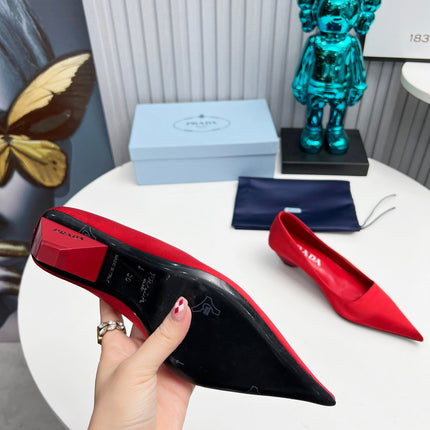 PRADA 26S POINTED TOE PUMPS 40MM IN RED SATIN