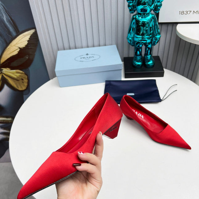 PRADA 26S POINTED TOE PUMPS 40MM IN RED SATIN