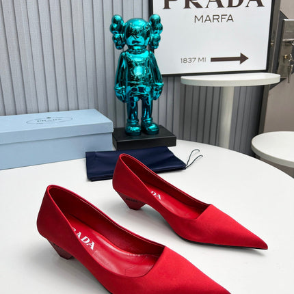 PRADA 26S POINTED TOE PUMPS 40MM IN RED SATIN