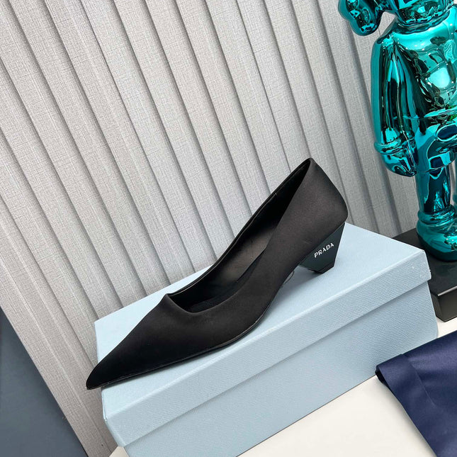PRADA 26S POINTED TOE PUMPS 40MM IN BLACK SATIN