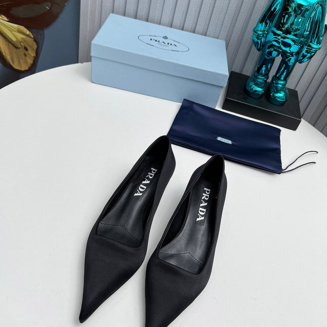 PRADA 26S POINTED TOE PUMPS 40MM IN BLACK SATIN