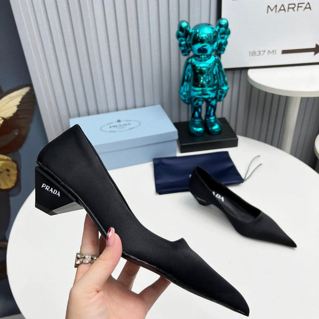 PRADA 26S POINTED TOE PUMPS 40MM IN BLACK SATIN