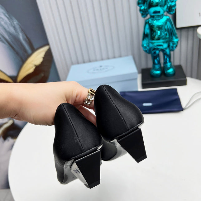 PRADA 26S POINTED TOE PUMPS 40MM IN BLACK SATIN
