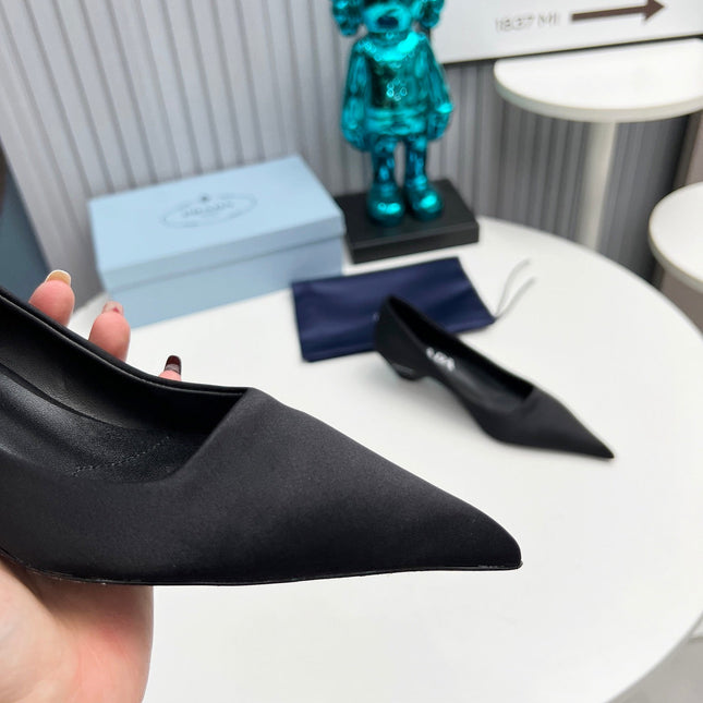 PRADA 26S POINTED TOE PUMPS 40MM IN BLACK SATIN