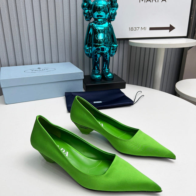 PRADA 26S POINTED TOE PUMPS 40MM IN APPLE GREEN SATIN