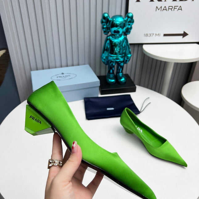 PRADA 26S POINTED TOE PUMPS 40MM IN APPLE GREEN SATIN
